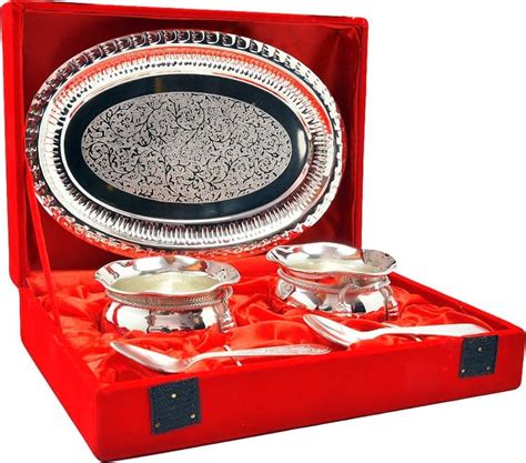 INTERNATIONAL GIFT® German Silver Round Bowl Set with Tray and Spoon ...