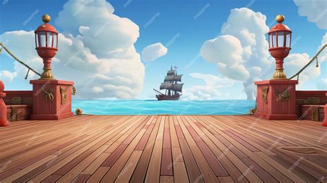 Premium Photo | For kids pirate ship deck empty background 3D cartoon