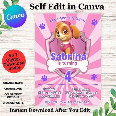 Skye Paw Patrol Birthday Invitation Template - Skye Birthday Party Inv ...