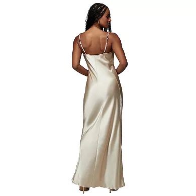 Women's bebe x Ciara Satin Chain Strapped Maxi Slip Dress