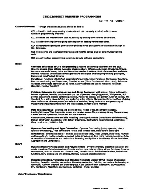 Syllabus cse202 - CSE202:OBJECT ORIENTED PROGRAMMING L:3 T:0 P:2 Course ...