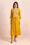 Buy Yellow Embroidery V-neck Yoke Front Gathered Kurta Set For Women by ...