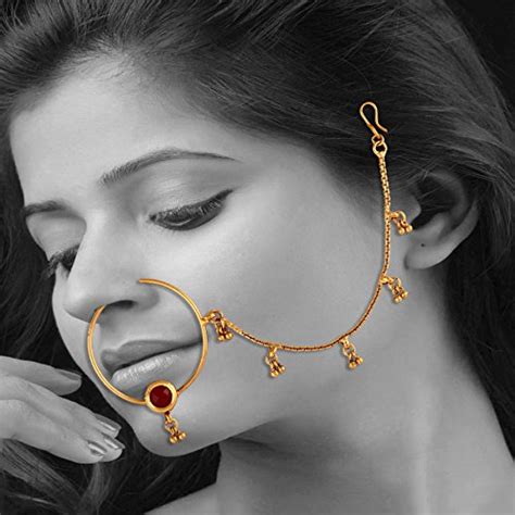 Buy ACCESSHER Golden Brass Traditional Antique Rajwadi Styled Nose Ring ...