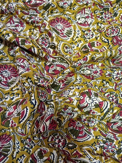 Shop Stunning Yellow Block Printed Kalamkari Cotton Fabric (1 mtr) Now!