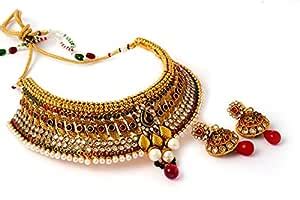 Buy Indian Attire Women's ANTIQUE GOLD PLATED NECKLACE SET JWBANT4 at ...