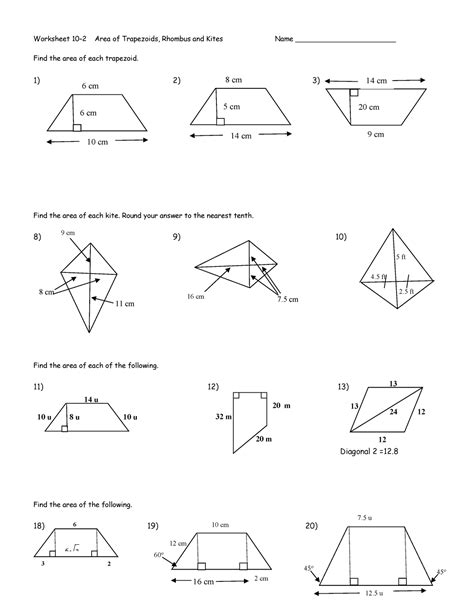 Trapezoids and Kites - Worksheet 10-2 Area of Trapezoids, Rhombus and K ...