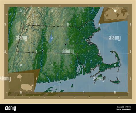 Massachusetts, state of United States of America. Colored elevation map ...