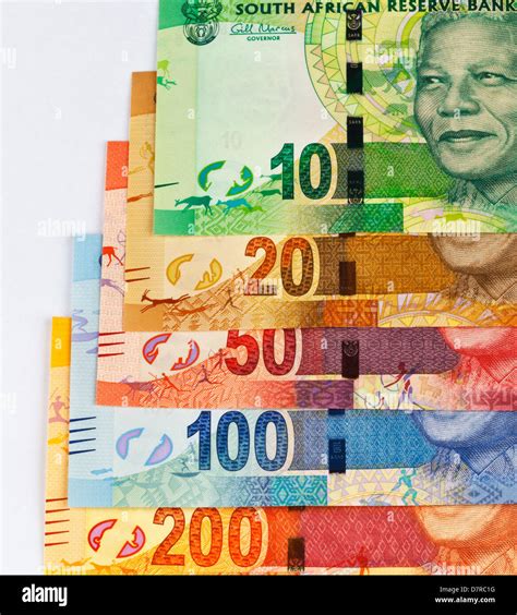 New South African currency in bill denomination depicting Nelson Mandela ten rand to two hundred ...