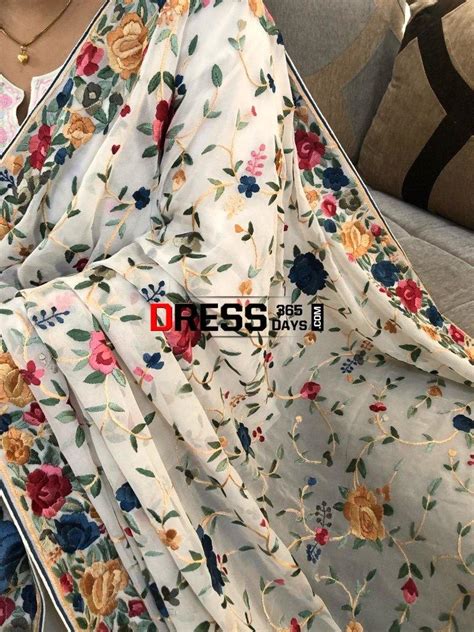 Pre Order Ivory White Multicolour Parsi Gara Hand Embroidered Dupatta ...