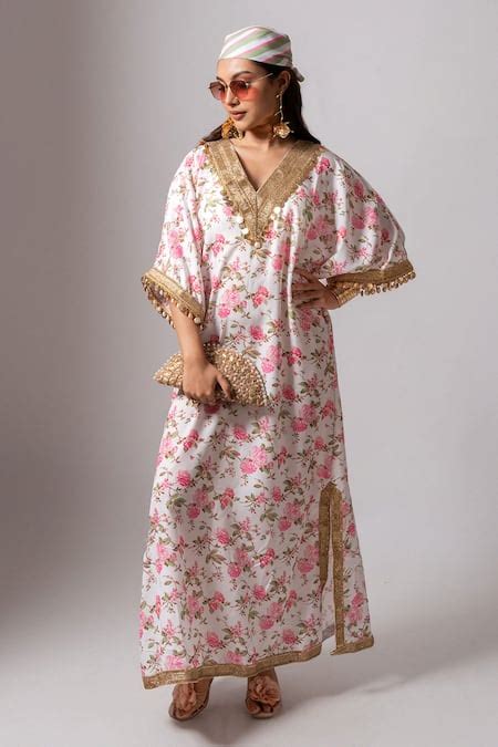 Buy White Linen Lace, Pearls, Tassels V-neck Embroidered Floral Kaftan ...