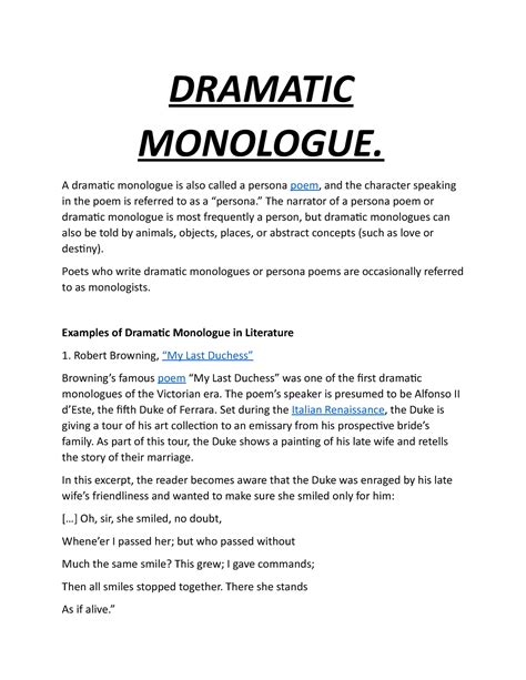 Dramatic Monologue - DRAMATIC MONOLOGUE. A dramatic monologue is also ...