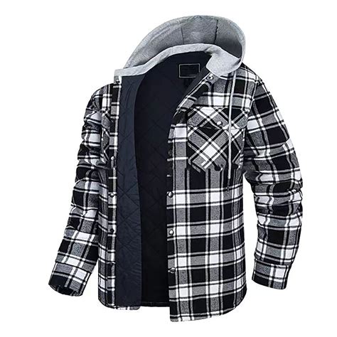 Penkiiy Hooded Plaid Jacket Men Button Casual Hooded Thicken Lattice ...