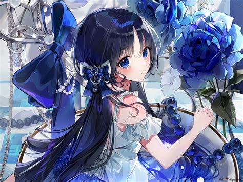 Beautiful anime girl with blue long hair and blue eyes posing among ...