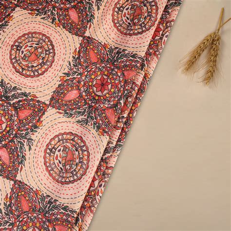 Buy Peach Color Digital Printed Madhubani Pattern Muslin Fabric 93504 ...