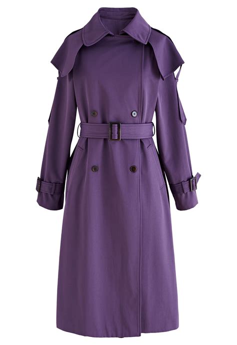 Storm Flap Double-Breasted Belted Trench Coat in Purple - Retro, Indie ...