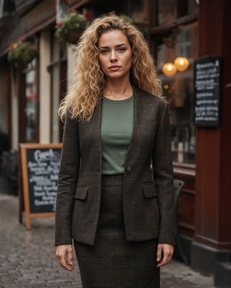 Brown Plaid Skirt Suit with Green Top and Tall Boots | Sumissura
