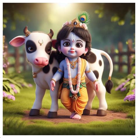 V2Hdecore Baby Krishna With Cow 3D & Hd Print Wall Poster for Pooja ...
