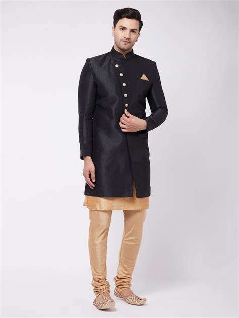 VASTRAMAY Men's Black Angrakha Style Indo Western Over Rose Gold Kurta ...