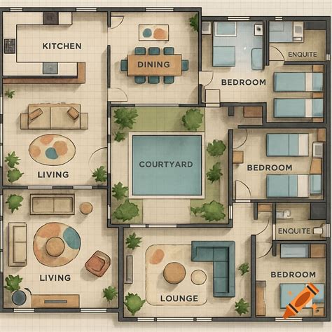 Overhead view of a detailed floor plan for a large house with multiple ...