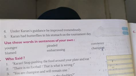 Use these words in sentences of your own: younger blamed pleaded embarra..