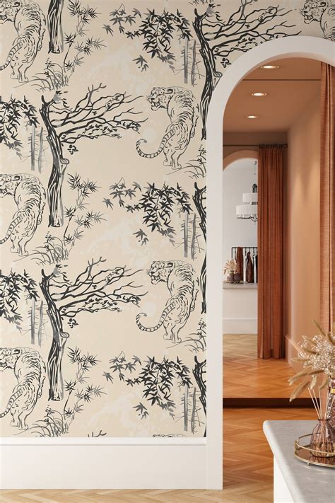 Chinoisery, tigers and trees on a beige background #3463 - Traditional ...