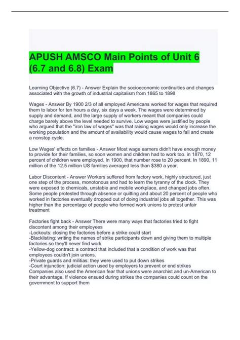 APUSH AMSCO Main Points of Unit 6 (6.7 and 6.8) Exam Questions and ...