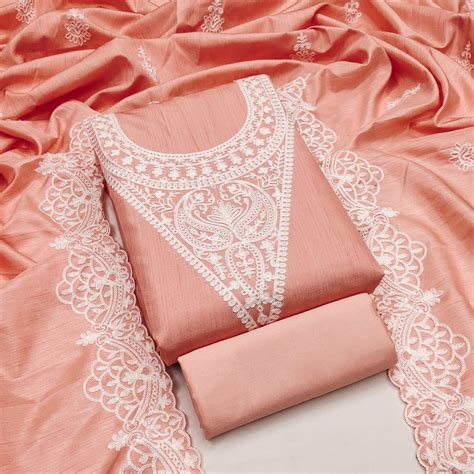 Peach Paisley Floral Embroidered Art Silk Dress Material