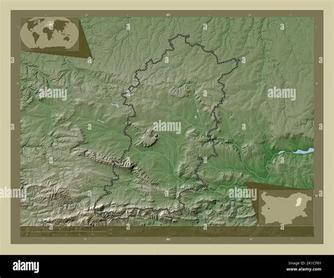 Shumen, province of Bulgaria. Elevation map colored in wiki style with lakes and rivers. Corner ...