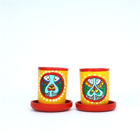 Handcrafted Yellow Terracotta Planters - Set of 2 - Madhubani Hand Pai ...