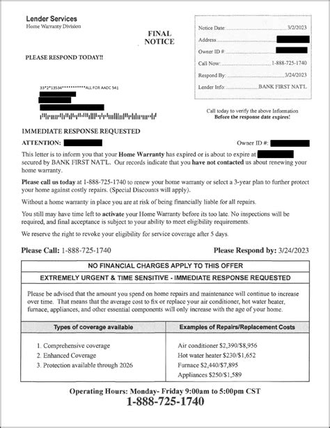 Home Warranty Scam Letters - Bank First