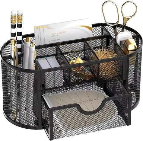 ZAKAAT Black Mesh Desk Organizer with Sliding Drawer, 9 Compartments ...