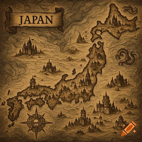 Fantasy map of Japan with castles, compass rose, and textured background in an old parchment ...