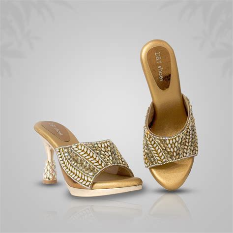 Gold Embellished Women’s Party Heels – Ethnic Slip-On Sandals – Sudbury ...