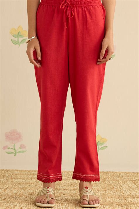 Buy Red Handcrafted Gauze Slub Narrow Pants for Women | Cotton Pants ...