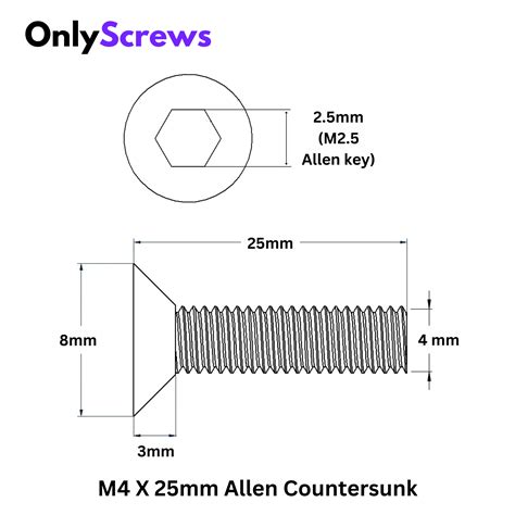 M4 X 25mm Hex (Allen) CSK SS 304 Screw (Dia. 4mm, Length 25mm) – OnlyScrews