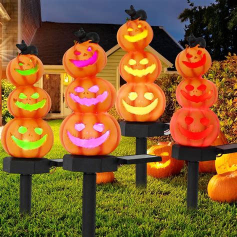 Halloween Pumpkin Decorations Stacked Pumpkin Yard Stakes Solar Pumpkin ...