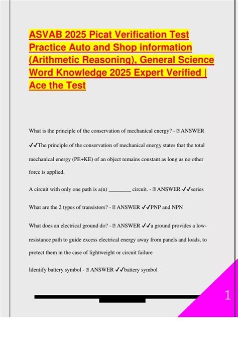 ASVAB 2025 Picat Verification Test Practice Auto and Shop information ...