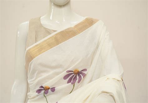 Hand Painted Kerala Kasavu Saree With Purple Flower|Desically Ethnic
