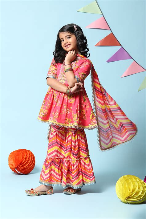 Carmine Pink Cotton Gathered Kurta Garara Suit Set