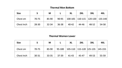 Thermal Men/Women Bottom Size Chart – Pearl 7