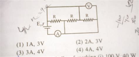 In the circuit shown in figure, ammeter andvoltmeter are ideal. If E=4V ...