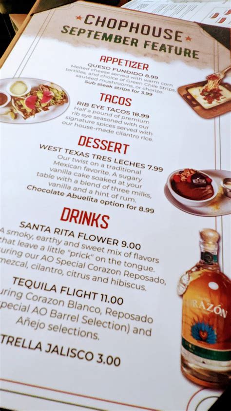 Menu at West Texas Chophouse steakhouse, El Paso