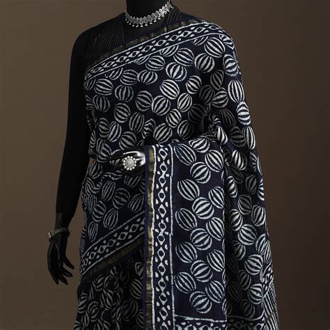 Blue Chanderi Silk Hand Block Print Indigo Bagru Saree with Zari Border