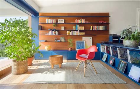 Wallpaper interior, chair, library, records, mid-century modern, by ...