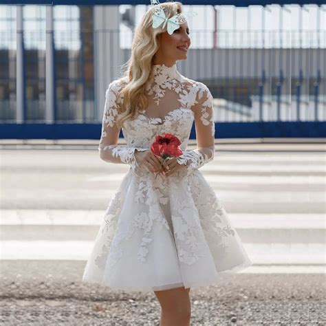 Elegant Short Bridal Dresses: Lace A Line Mini Wedding Gown With High Neck And Long Sleeves ...