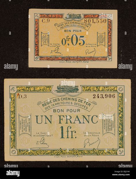 money / finance, bank notes, France, emercency currency in World War II, 0.05 and 1 franc credit ...