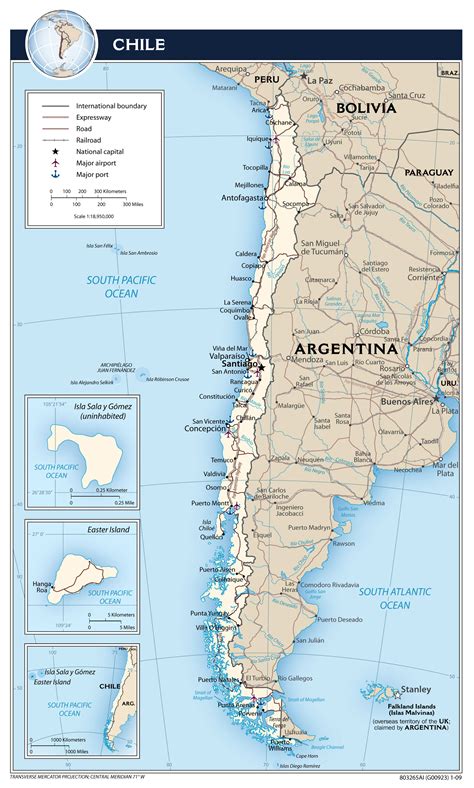 Large detailed political map of Chile with roads, cities, airports and ...