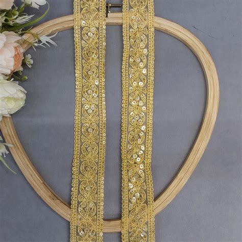 Organza Based Thread And Sequins Work 1.5 Inches Border Yellow Meters ...