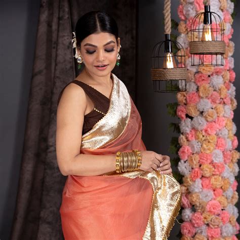 Tangerine orange organza saree with gold gota border and fringe lace ...