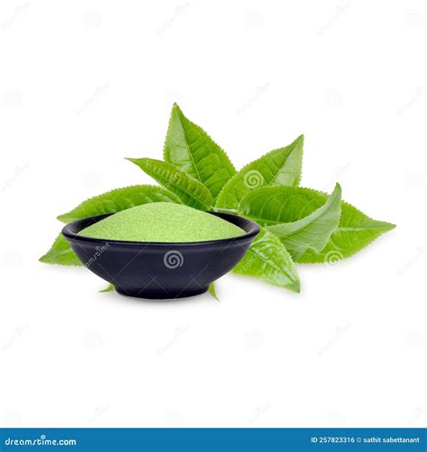 Green Tea Powder in a Black Cup with Leaves Isolated on White ...